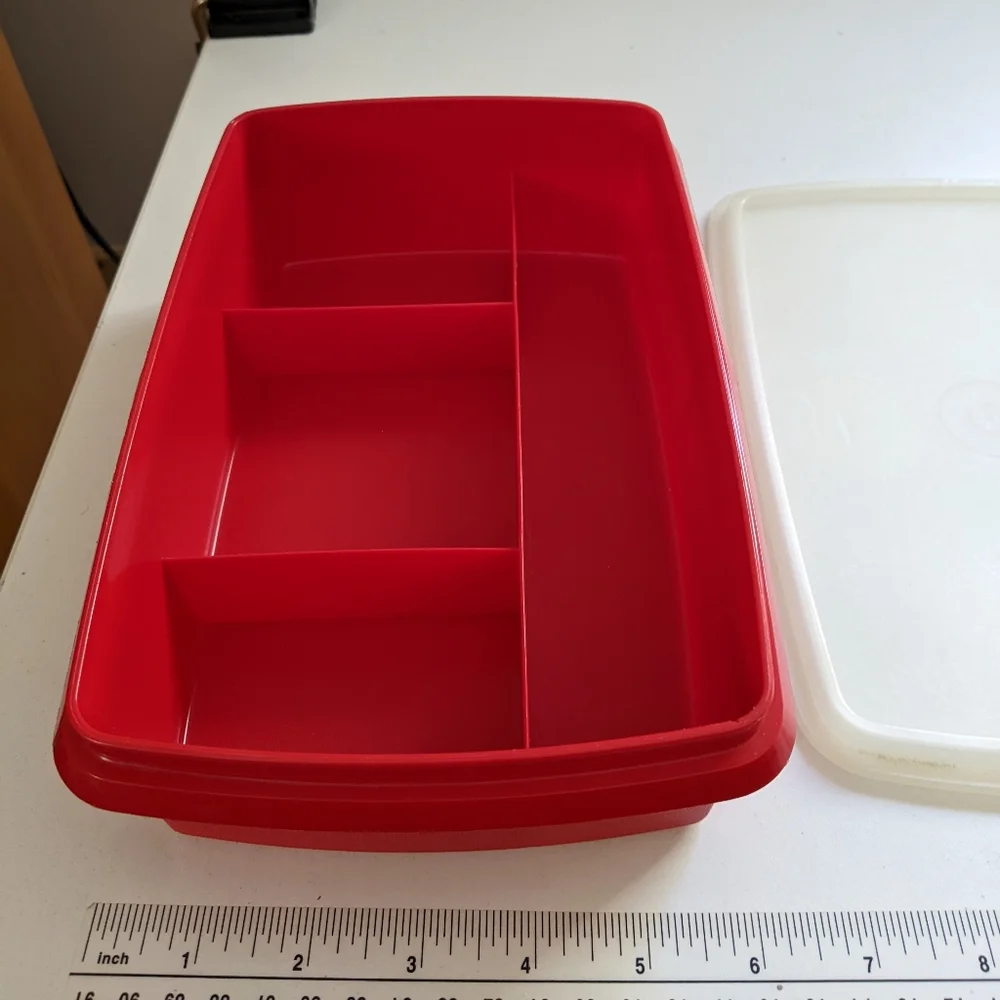 Vintage Red Tupperware Tuppercraft Divided Stow N Go Tackle Craft Sewing Box Lid